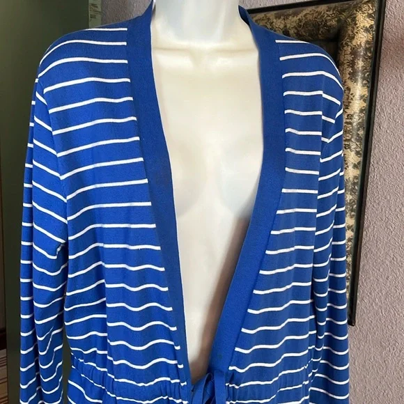 Gorgeous Jones New York Blue / White Striped Open Cardigan with Tie Sz XL - Picture 2 of 11